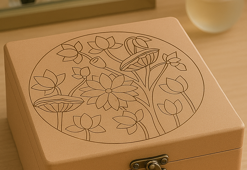 Decorative MDF storage lock box with lotus engraving for jewelry and keepsakes
