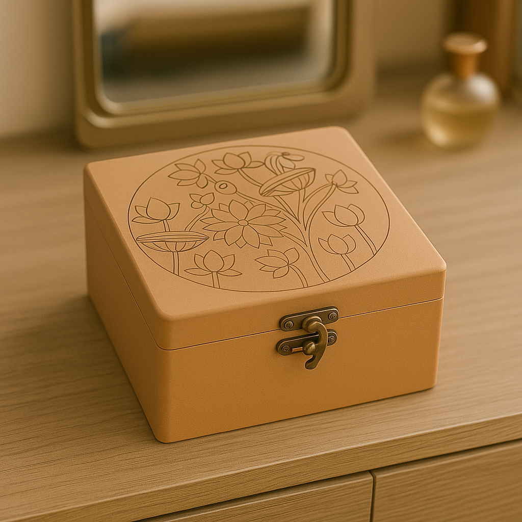 MDF box with floral design on a wooden surface