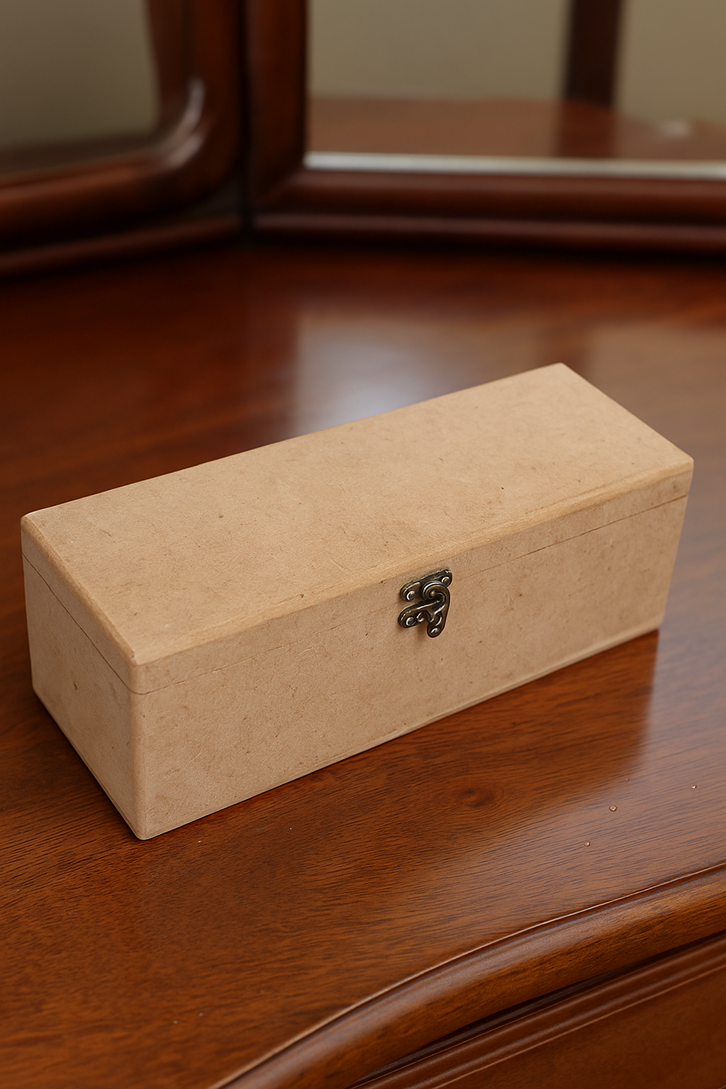 Rectangular MDF lockable storage box with latch on wooden surface