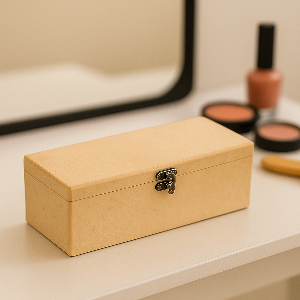 Beige jewelry box on a vanity with makeup items in the background