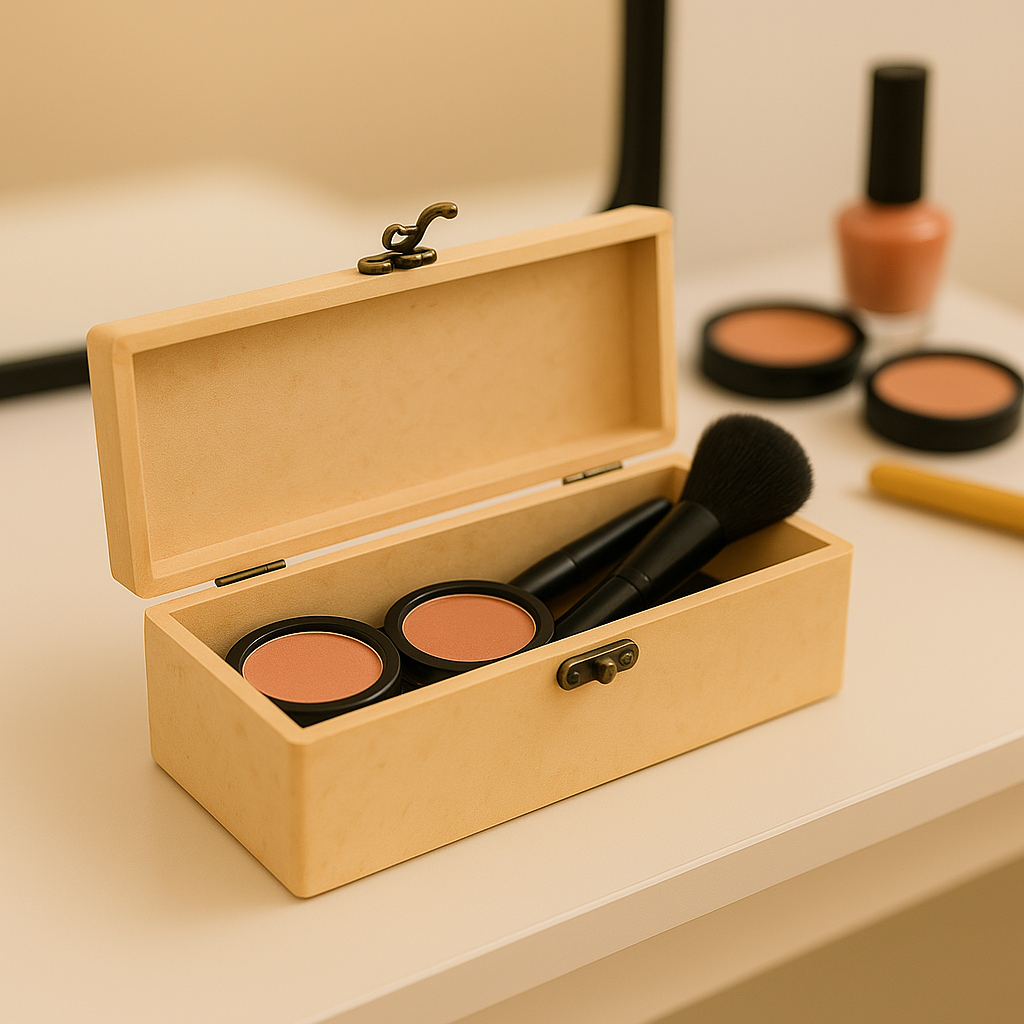 Open wooden box containing makeup products on a neutral background