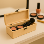Open wooden box containing makeup products on a neutral background