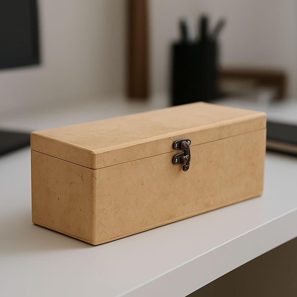 MDF box with a lock on a white surface