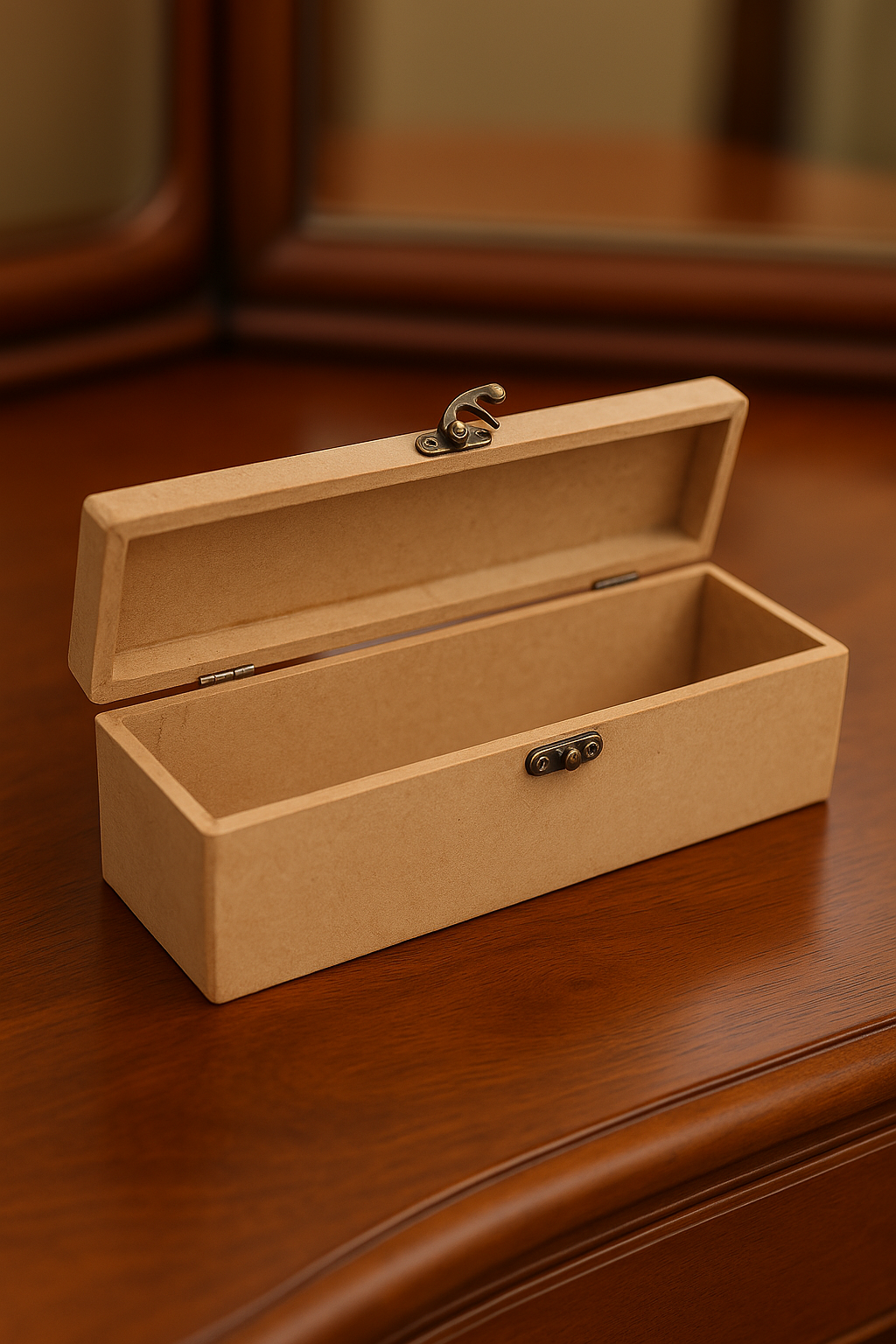 Rectangular MDF lockable storage box with latch on wooden surface