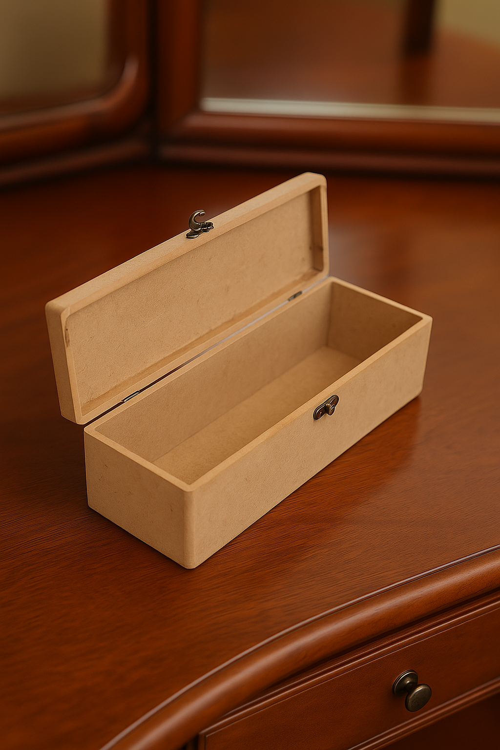 Rectangular MDF lockable storage box with latch on wooden surface