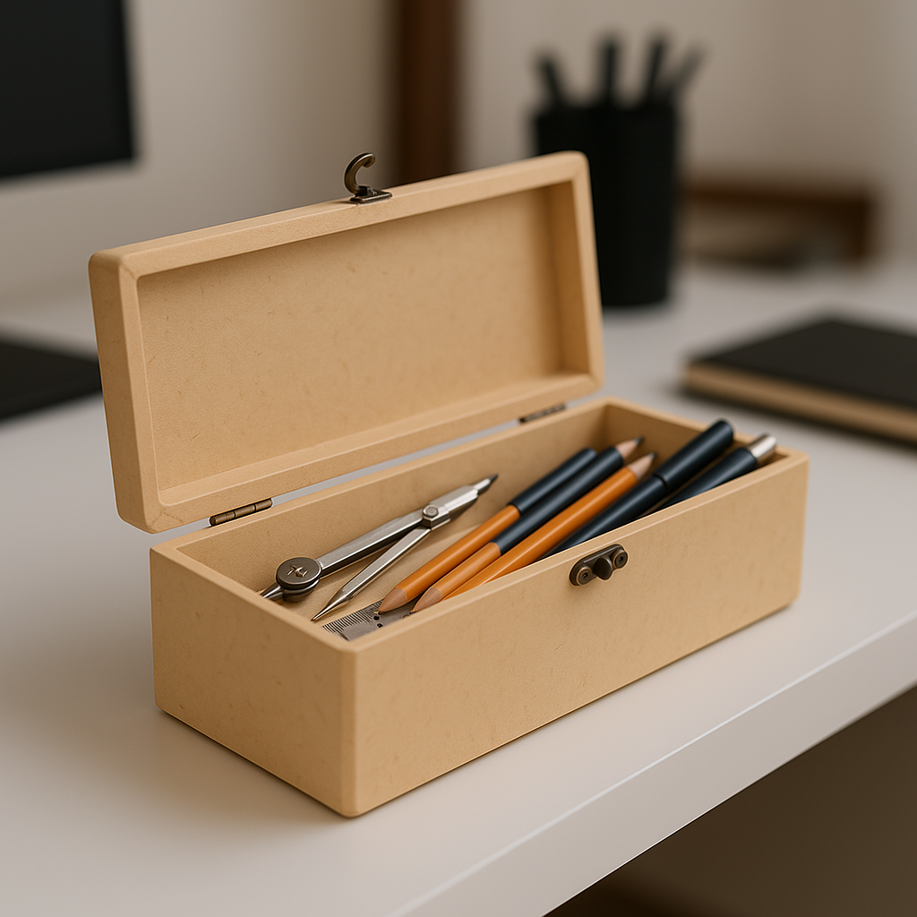 Wooden box with stationery items on a desk