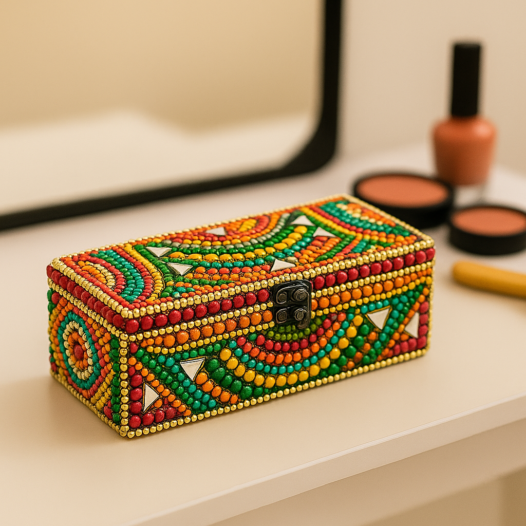 Colorful beaded box on a vanity table with makeup items in the background