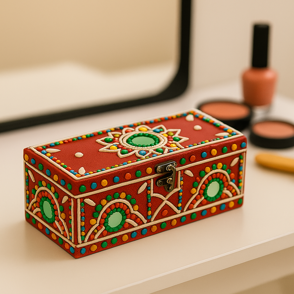 Decorative jewelry box with colorful patterns on a vanity table