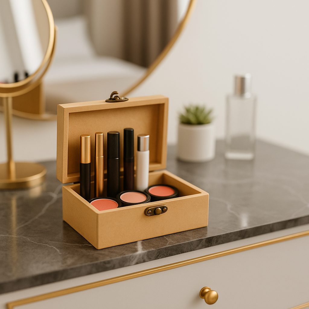 Open beige jewelry box with makeup items on a marble surface