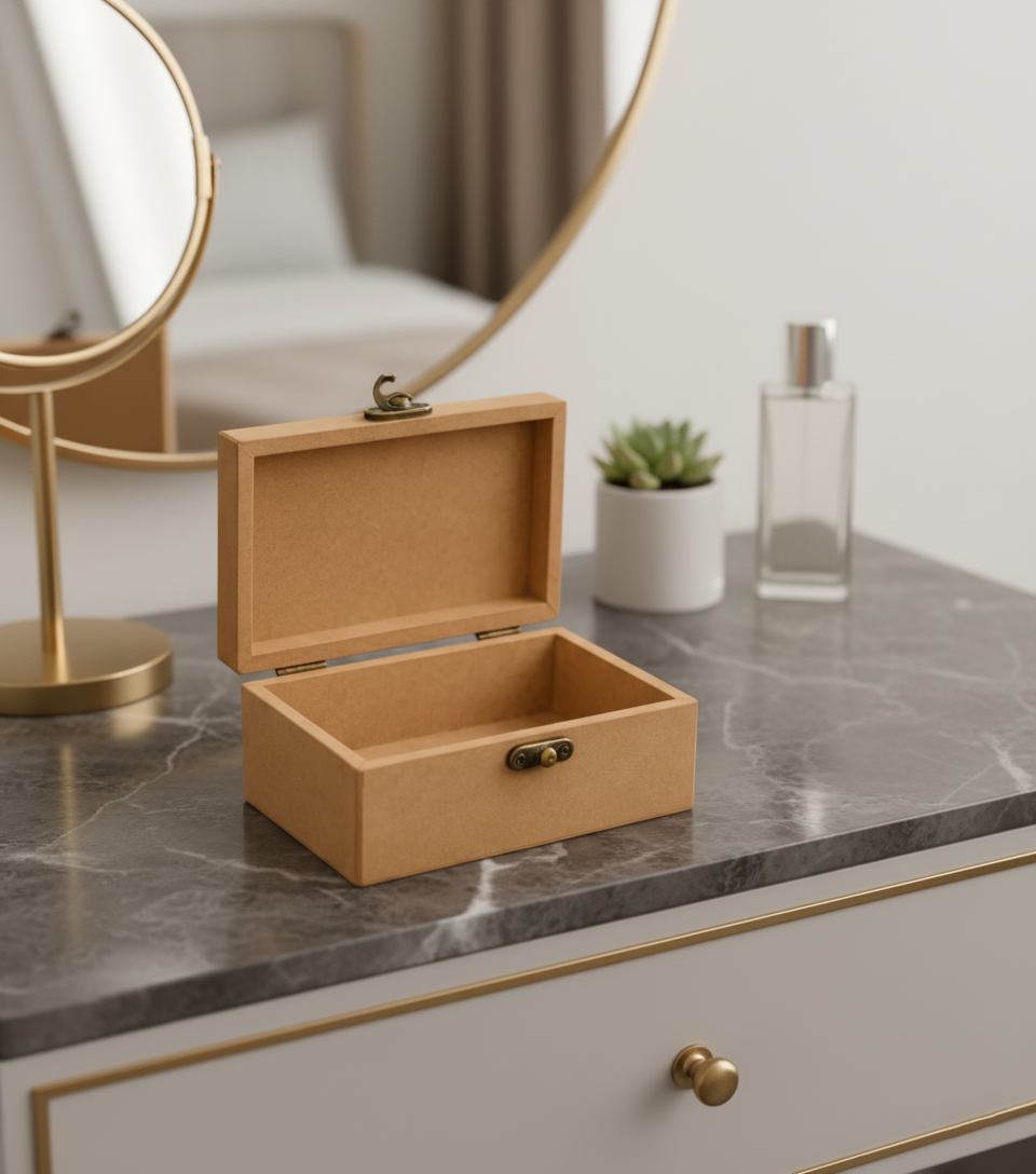 MDF jewelry box on a marble countertop with a mirror and plant in the background
