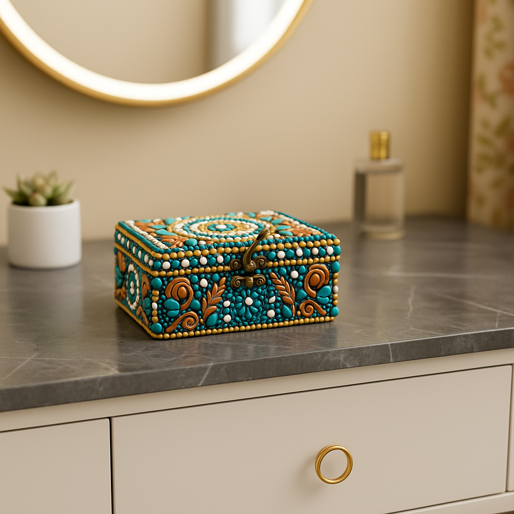 Decorative jewelry box with turquoise and gold design on a marble surface.