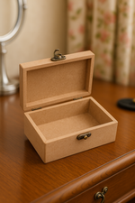 Stacked rectangular MDF lock boxes with vintage latch on a dresser