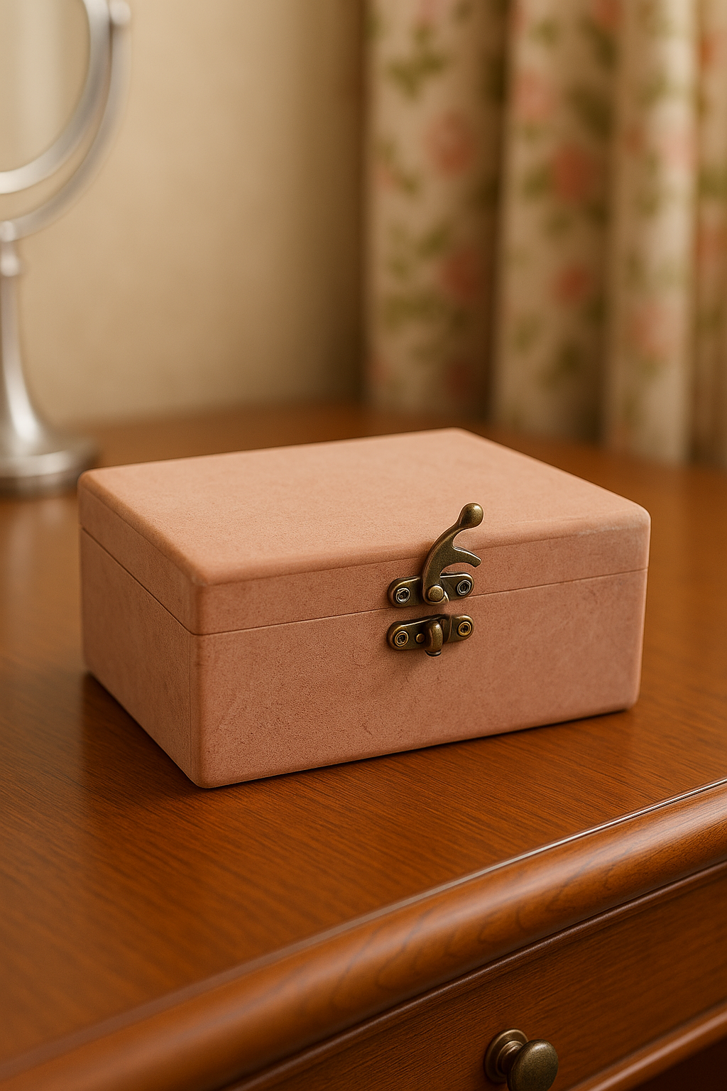 Stacked rectangular MDF lock boxes with vintage latch on a dresser