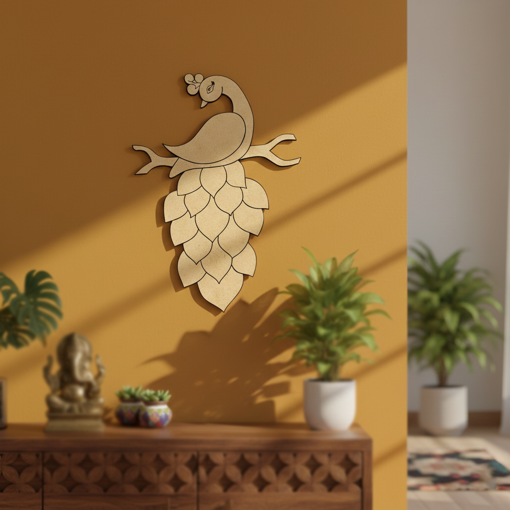 MDF Peacock Design DIY craft cutout wall decor base panel for painting and customization mounted on wall