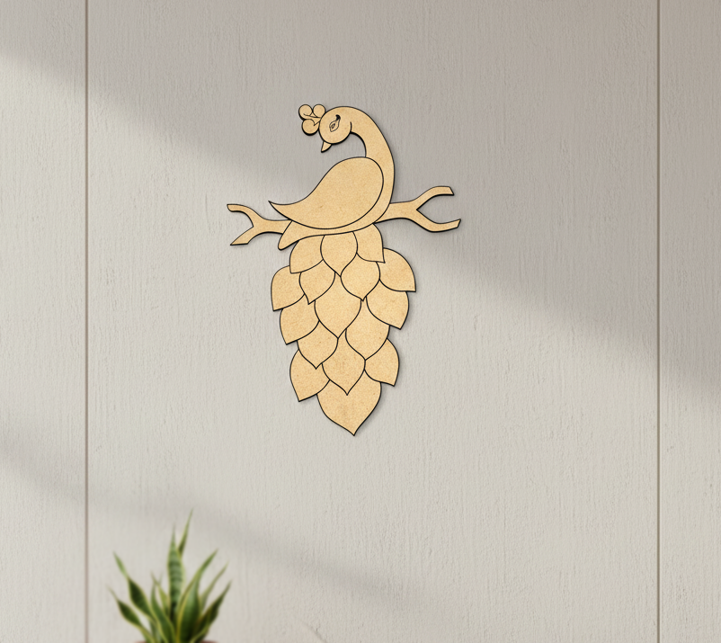 MDF Peacock Design DIY craft cutout wall decor base panel for painting and customization mounted on wall