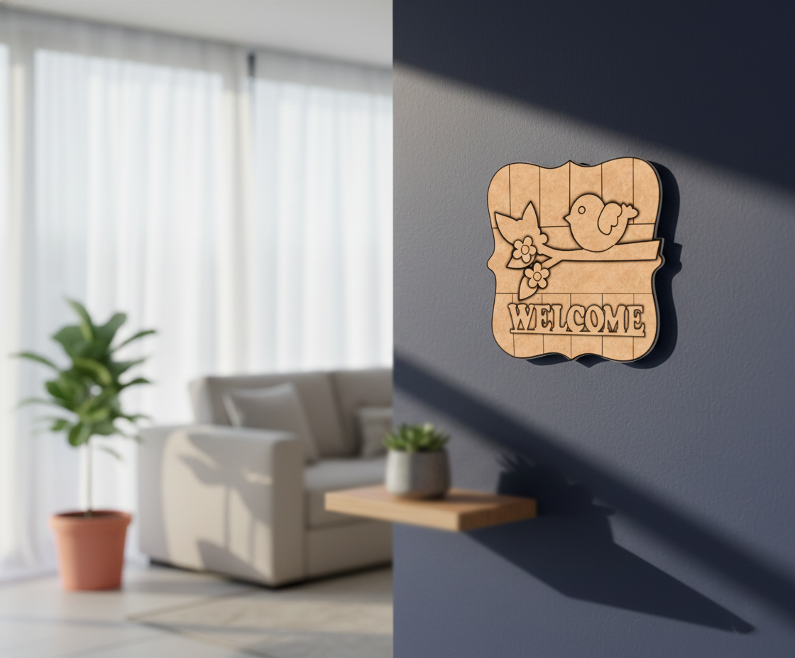 MDF Welcome Bird Wall Decor DIY Craft Quote Cutout Base, mounted on wall