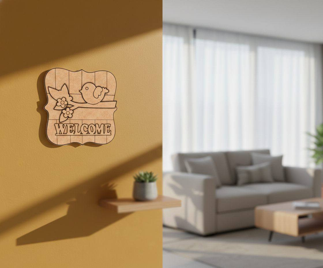 MDF Welcome Bird Wall Decor DIY Craft Quote Cutout Base, mounted on wall