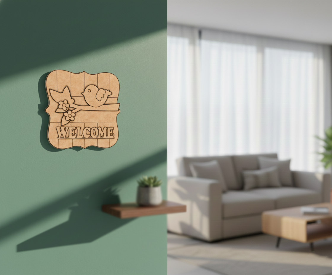 MDF Welcome Bird Wall Decor DIY Craft Quote Cutout Base, mounted on wall