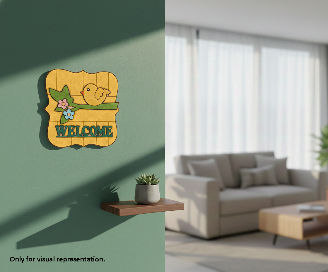 Painted MDF Welcome Bird Wall Decor DIY Craft Quote Cutout Base, mounted on wall