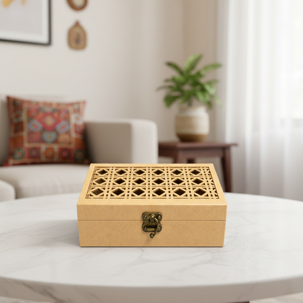 MDF Laser Cut Storage Box DIY Craft Design with Latch Holder for painting and customization show on table 