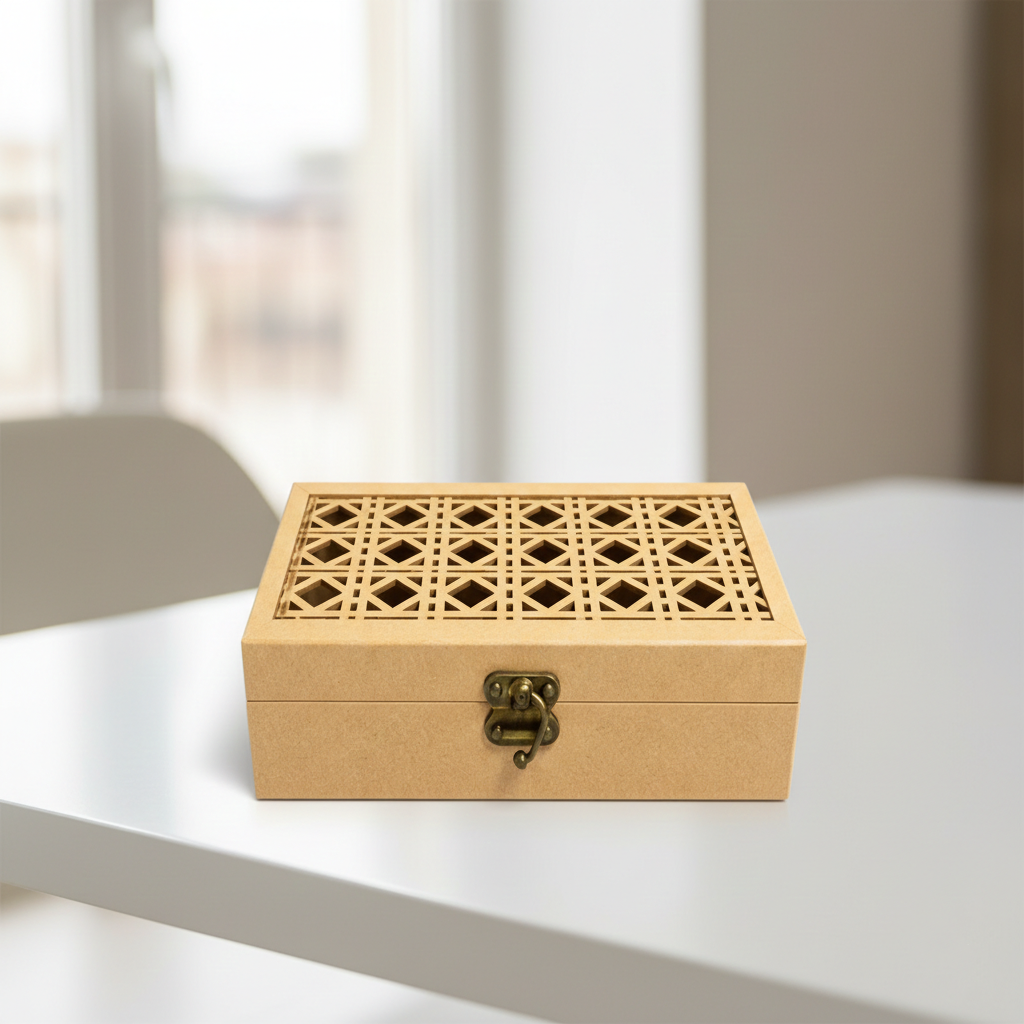 MDF Laser Cut Storage Box DIY Craft Design with Latch Holder for painting and customization show on table 
