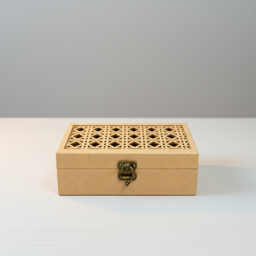MDF Laser Cut Storage Box DIY Craft Design with Latch Holder for painting and customization show on table 