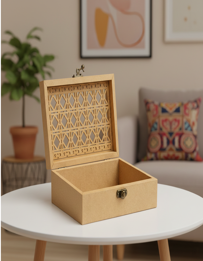 MDF Laser Cut Storage Box DIY Craft Design with Latch Holder for painting and customization show on table 