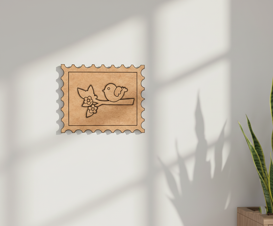 MDF Bird Stamp Frame DIY Craft Design Laser Cut Art mounted on wall