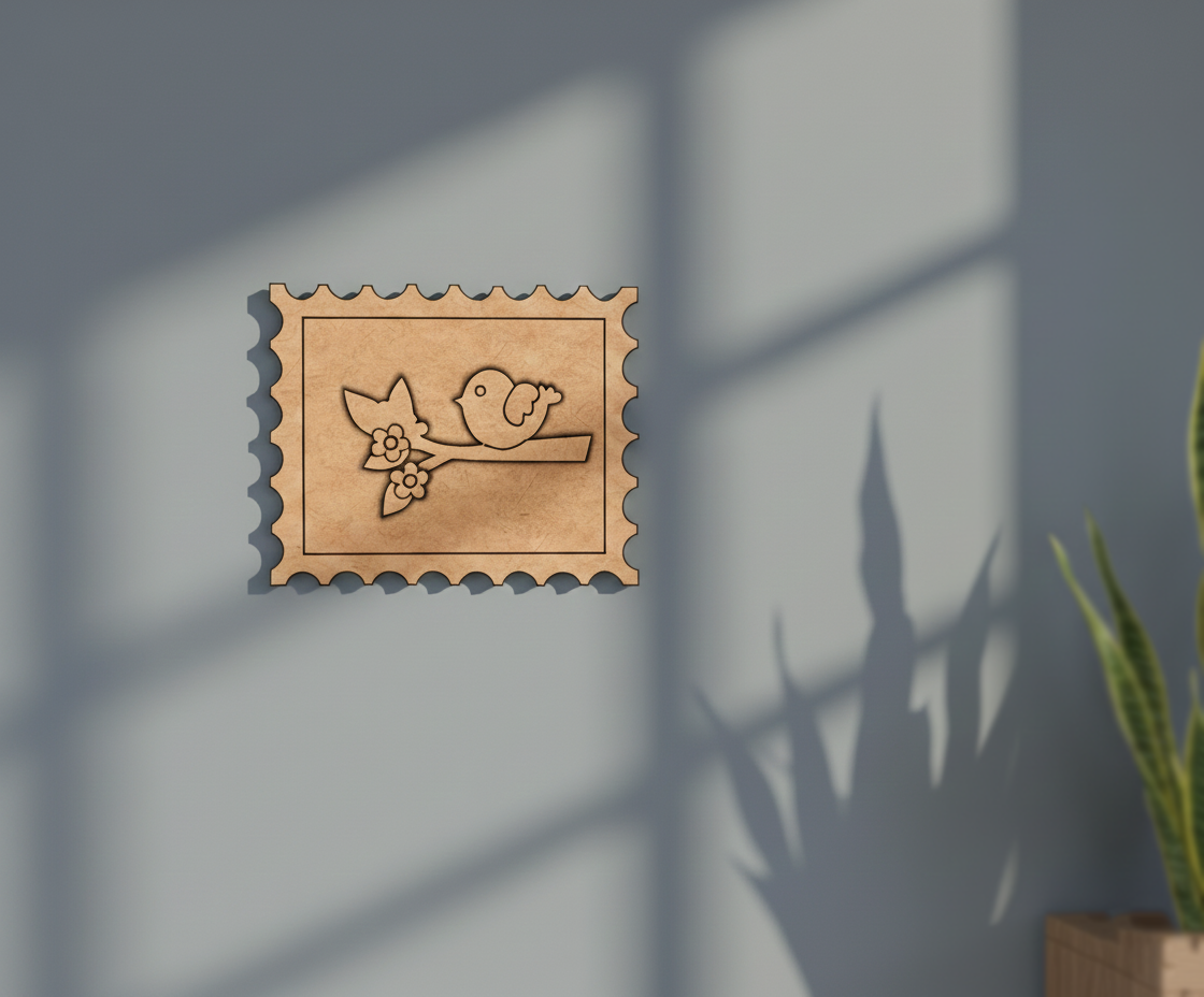 MDF Bird Stamp Frame DIY Craft Design Laser Cut Art mounted on wall