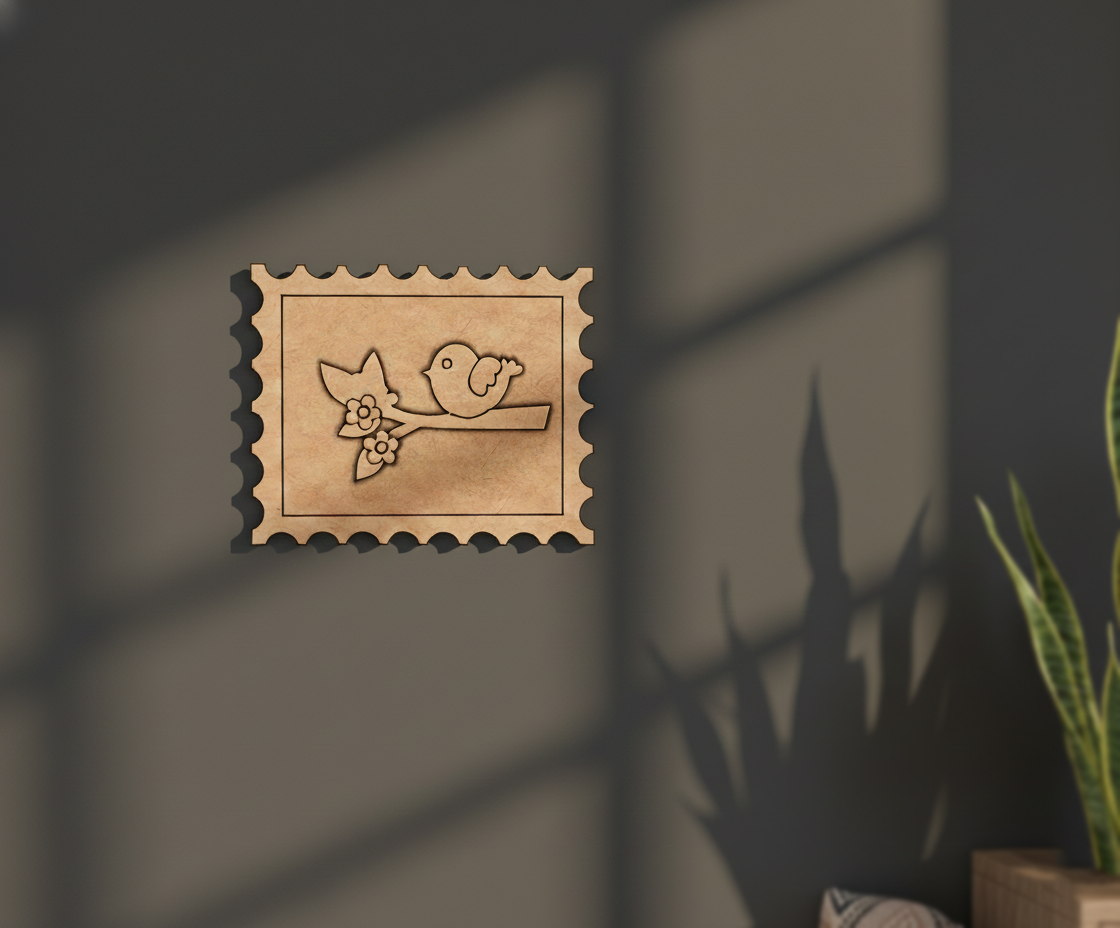 MDF Bird Stamp Frame DIY Craft Design Laser Cut Art mounted on wall