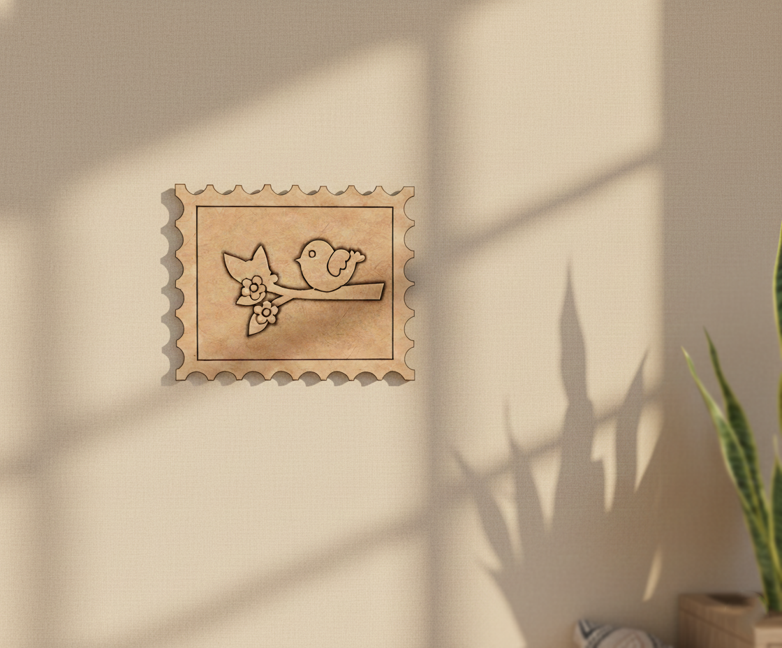 MDF Bird Stamp Frame DIY Craft Design Laser Cut Art mounted on wall