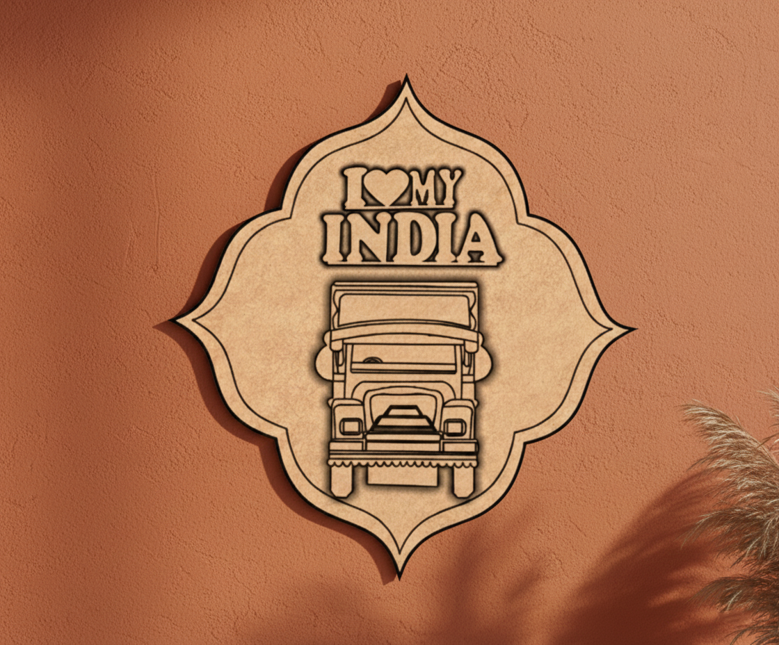 MDF I Love My India truck design wall decor DIY craft cutout board for painting and art projects, mounted on wall