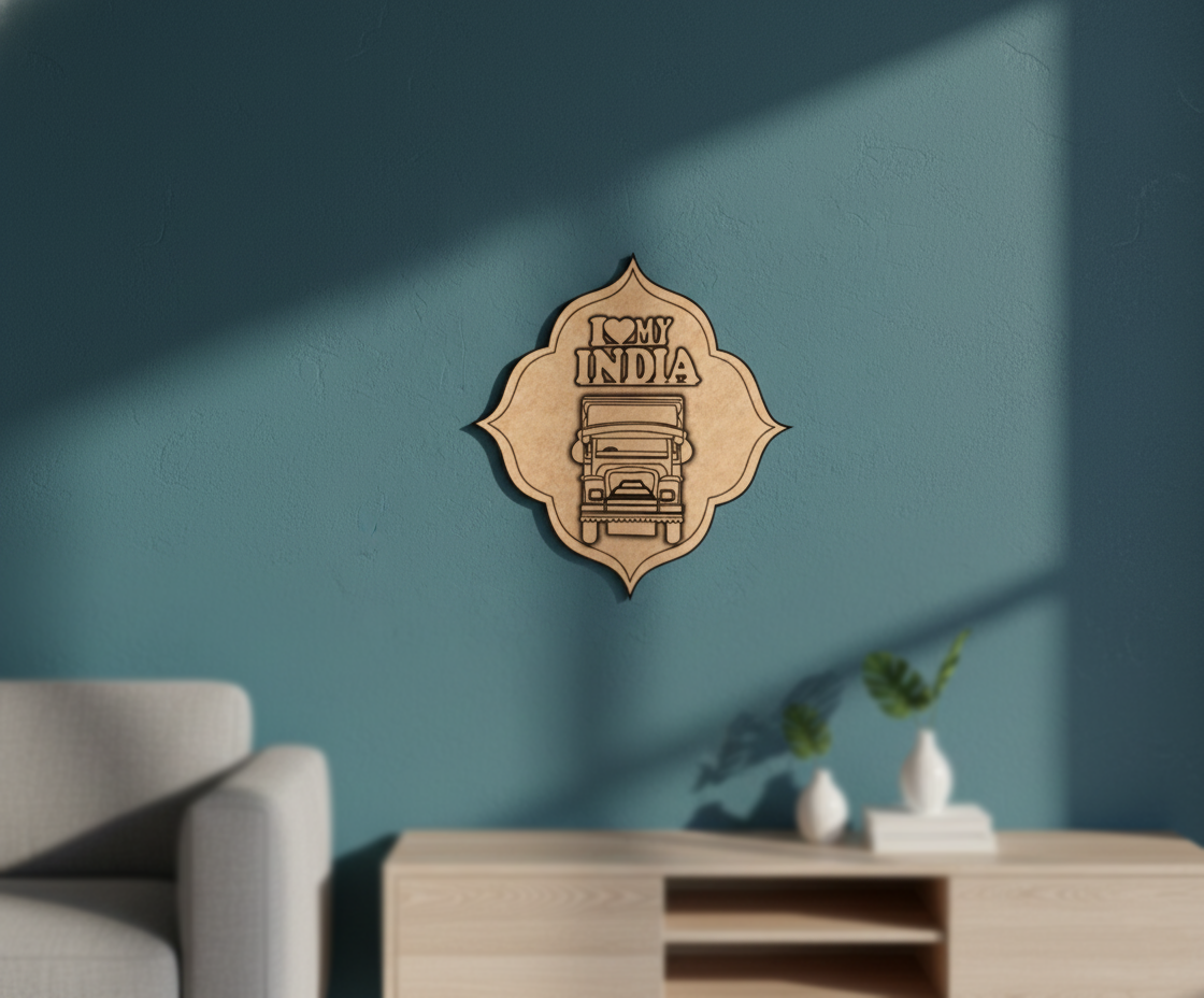 MDF I Love My India truck design wall decor DIY craft cutout board for painting and art projects, mounted on wall