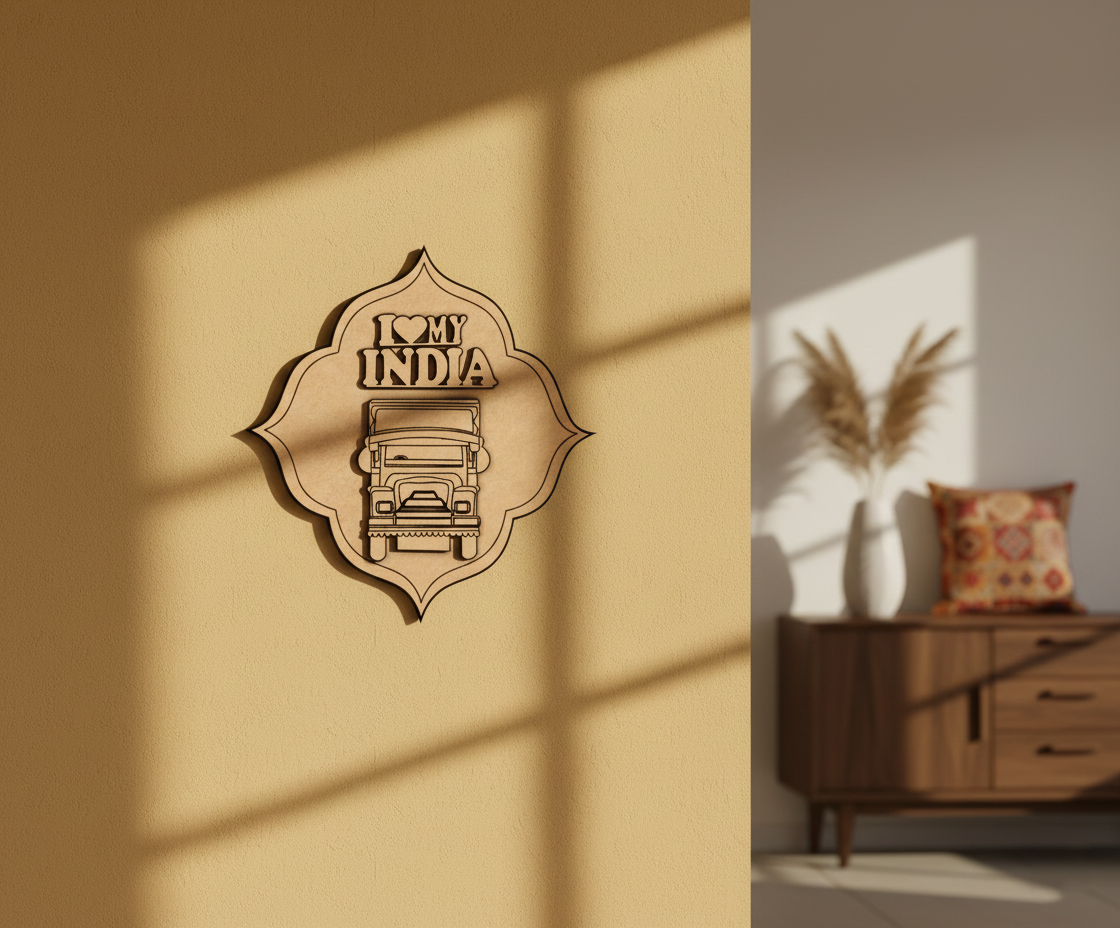 MDF I Love My India truck design wall decor DIY craft cutout board for painting and art projects, mounted on wall