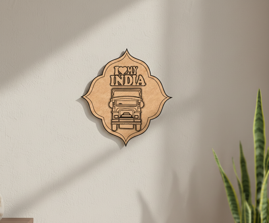 MDF I Love My India truck design wall decor DIY craft cutout board for painting and art projects, mounted on wall