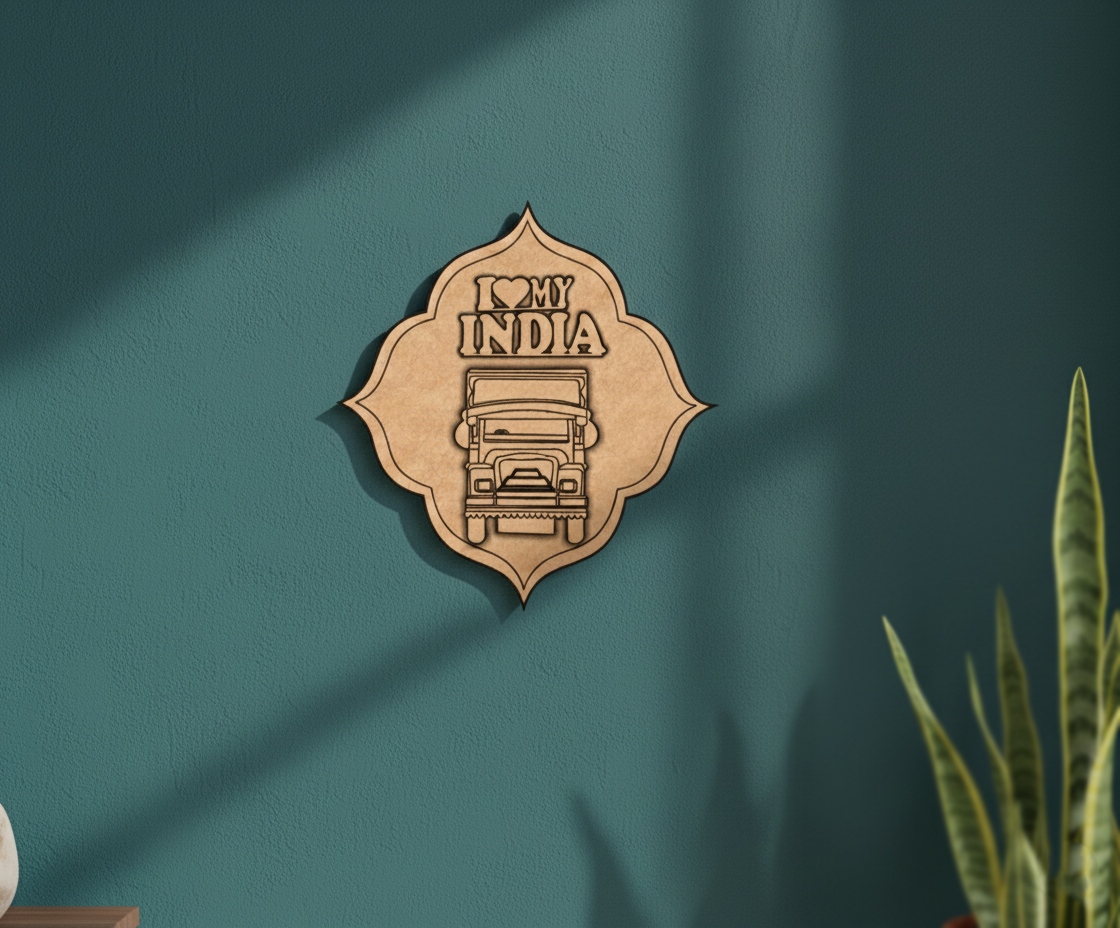 MDF I Love My India truck design wall decor DIY craft cutout board for painting and art projects, mounted on wall