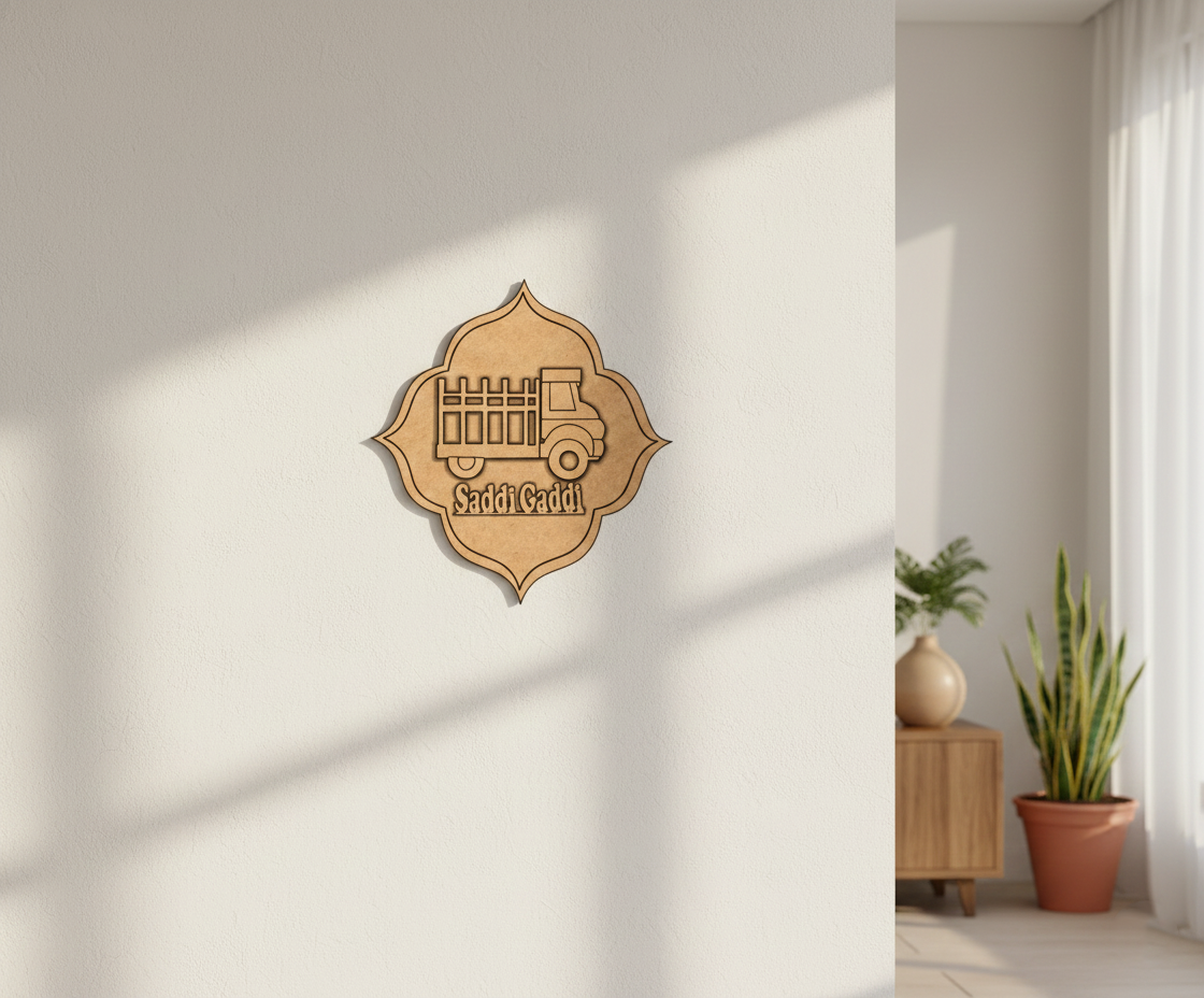 MDF Saddi Gaddi truck design wall decor DIY craft cutout board for painting and art projects, mounted on wall