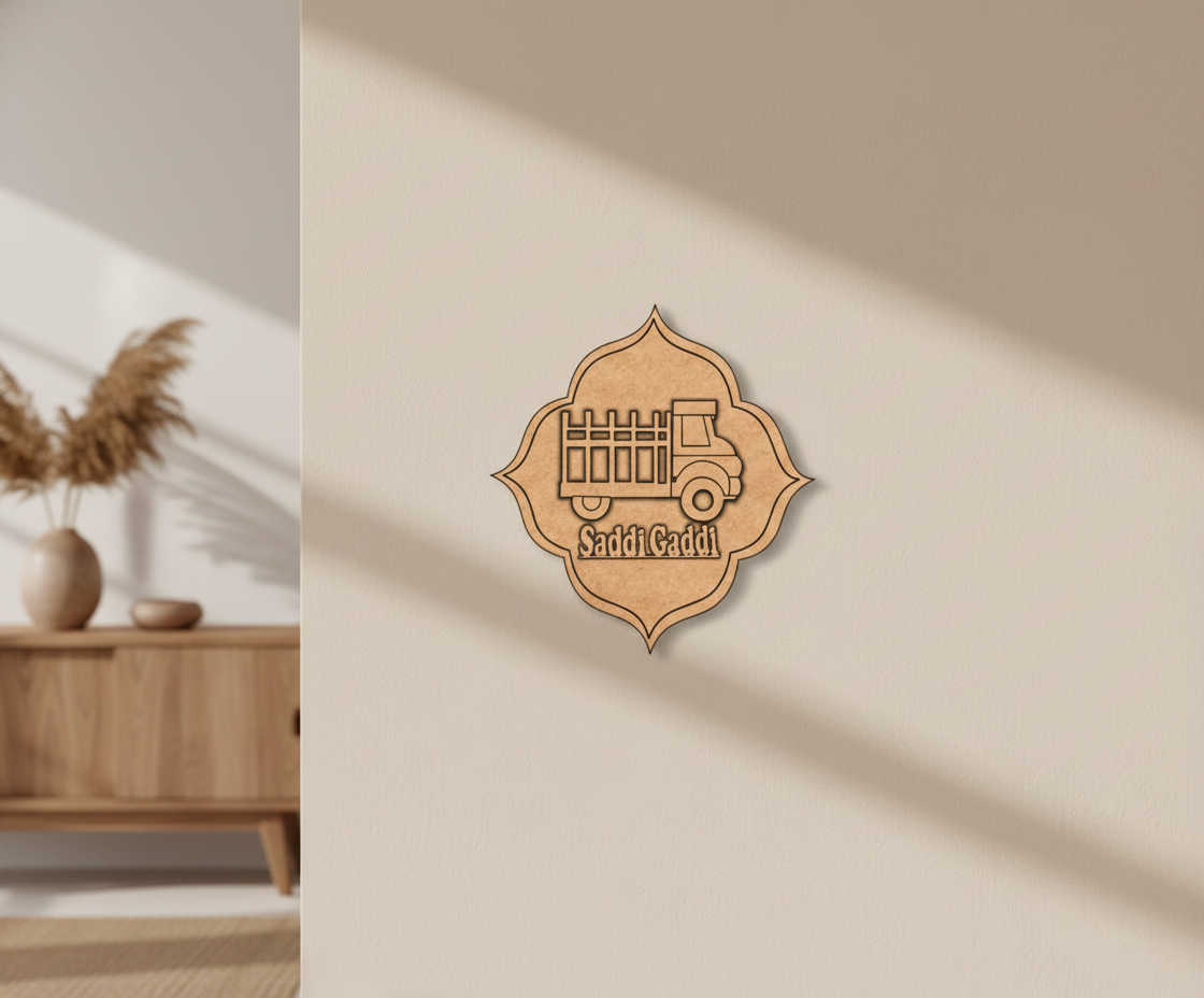 MDF Saddi Gaddi truck design wall decor DIY craft cutout board for painting and art projects, mounted on wall