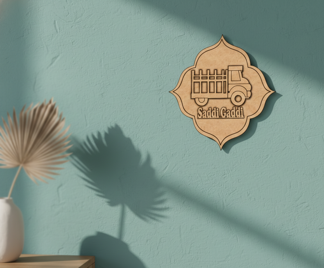 MDF Saddi Gaddi truck design wall decor DIY craft cutout board for painting and art projects, mounted on wall