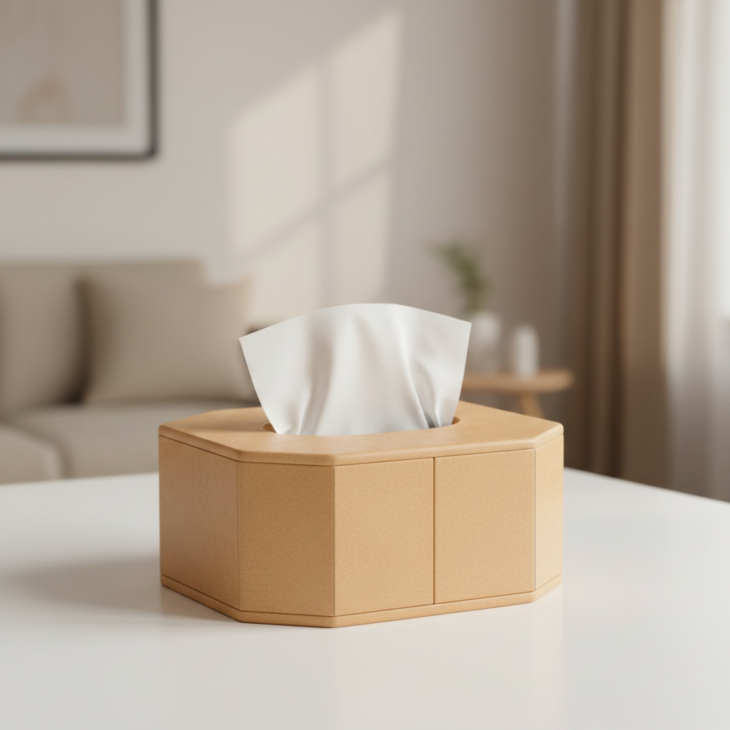 MDF tissue box holder on table, DIY craft storage box for painting, resin art and home decor projects