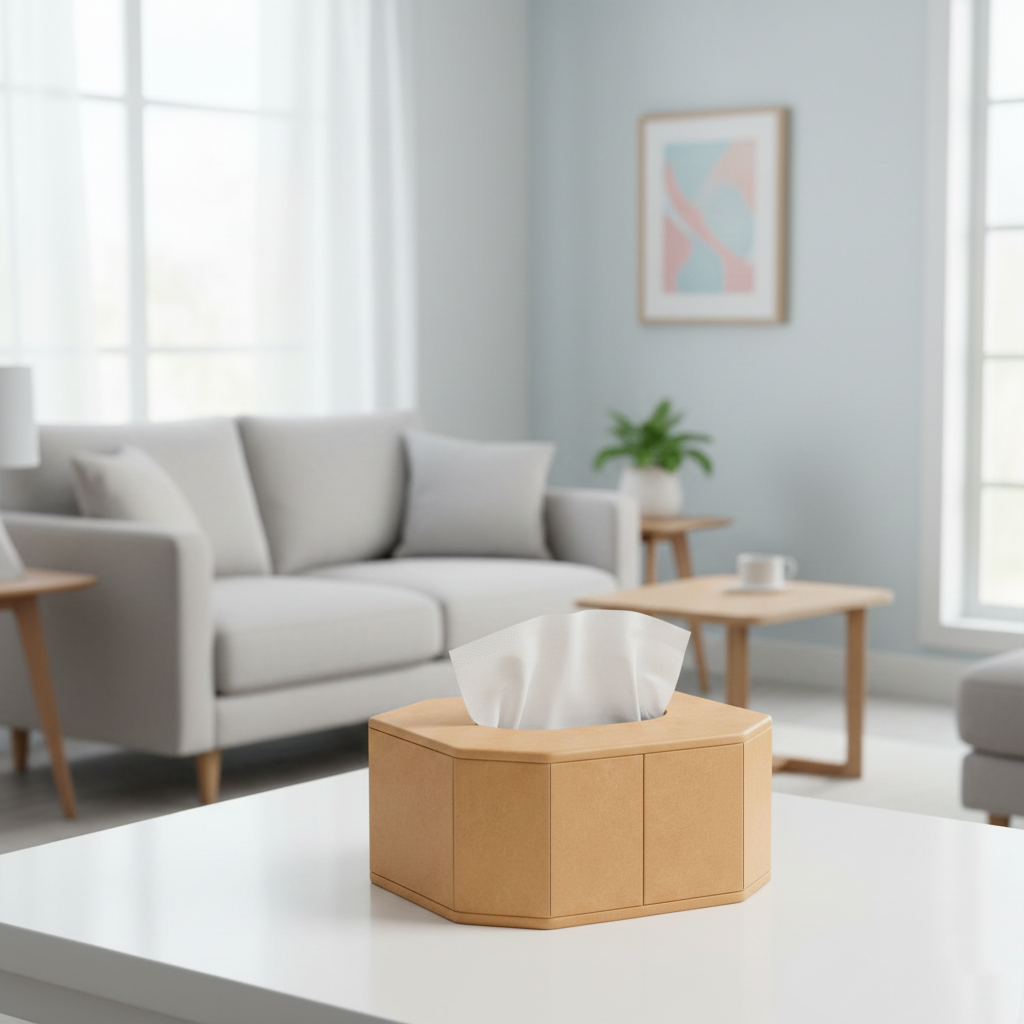 MDF tissue box holder on table, DIY craft storage box for painting, resin art and home decor projects