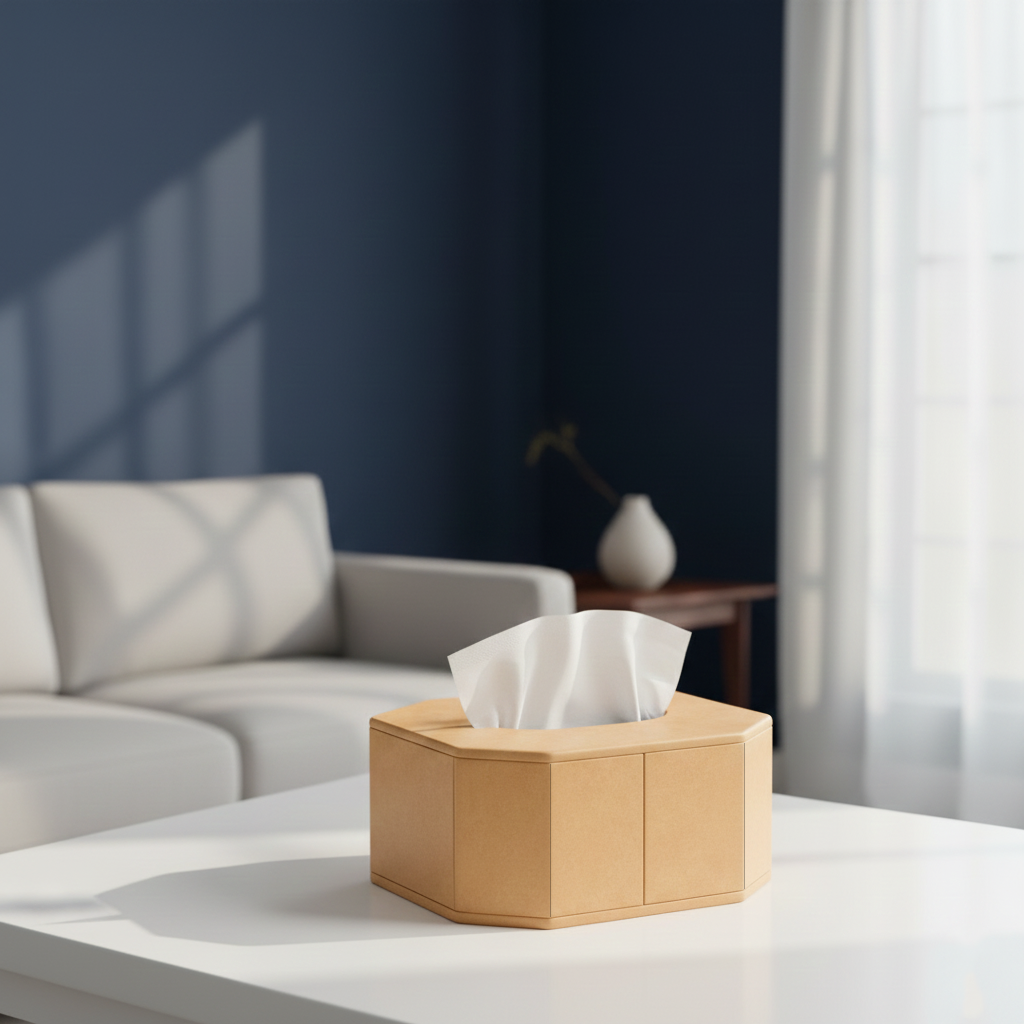 MDF tissue box holder on table, DIY craft storage box for painting, resin art and home decor projects