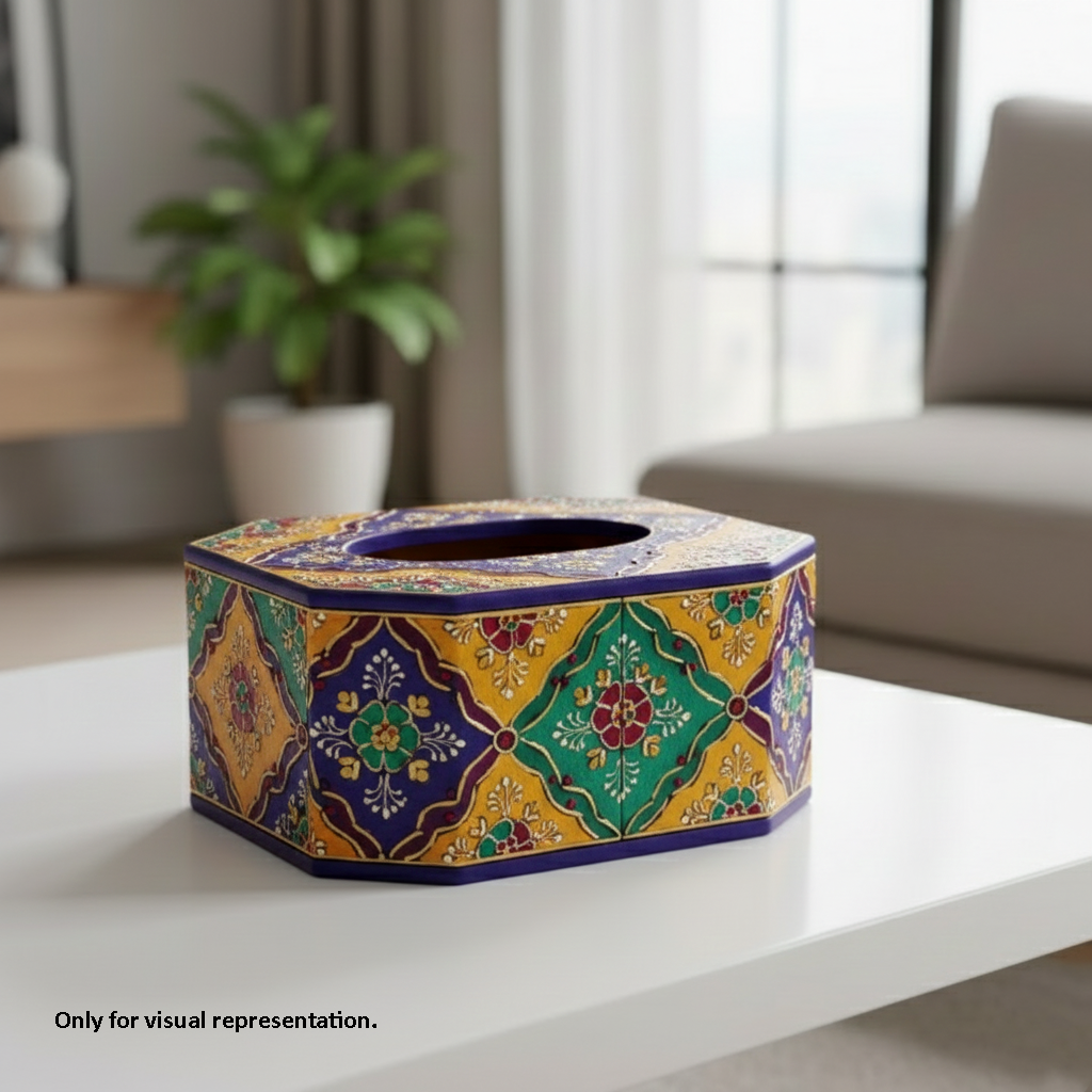 Painted MDF tissue box holder is on table, DIY craft storage box, resin art and home decor projects