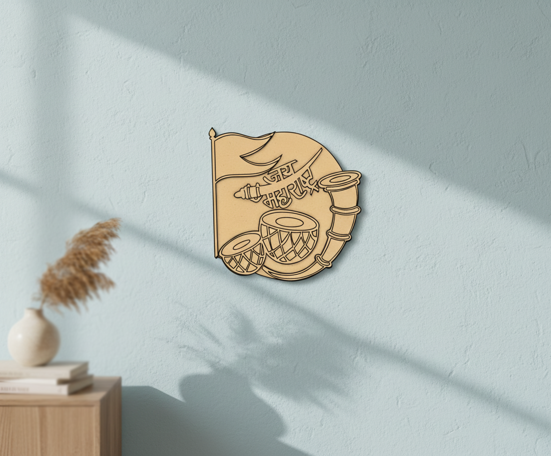 Unpainted MDF Jai Maharashtra Wall Decor DIY Craft Cutout Board, mounted on wall