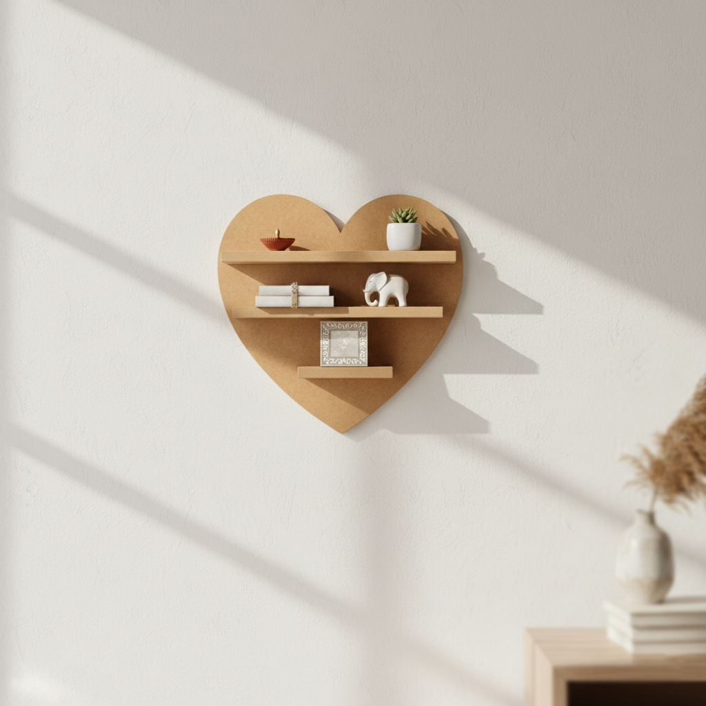 MDF heart wall shelf DIY craft display storage shelf for painting and home decor projects, mounted on wall