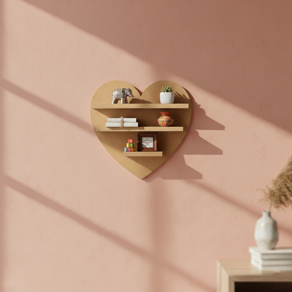 MDF heart wall shelf DIY craft display storage shelf for painting and home decor projects, mounted on wall
