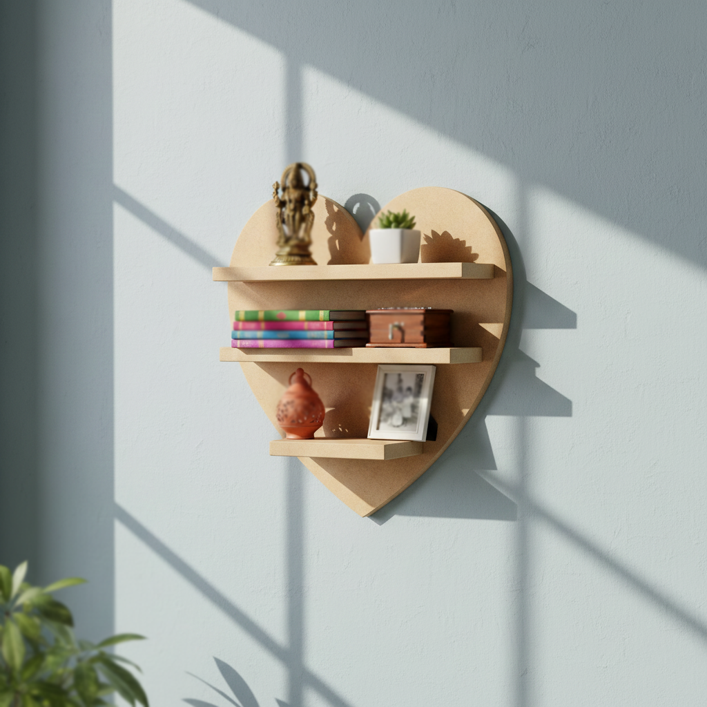 MDF heart wall shelf DIY craft display storage shelf for painting and home decor projects, mounted on wall