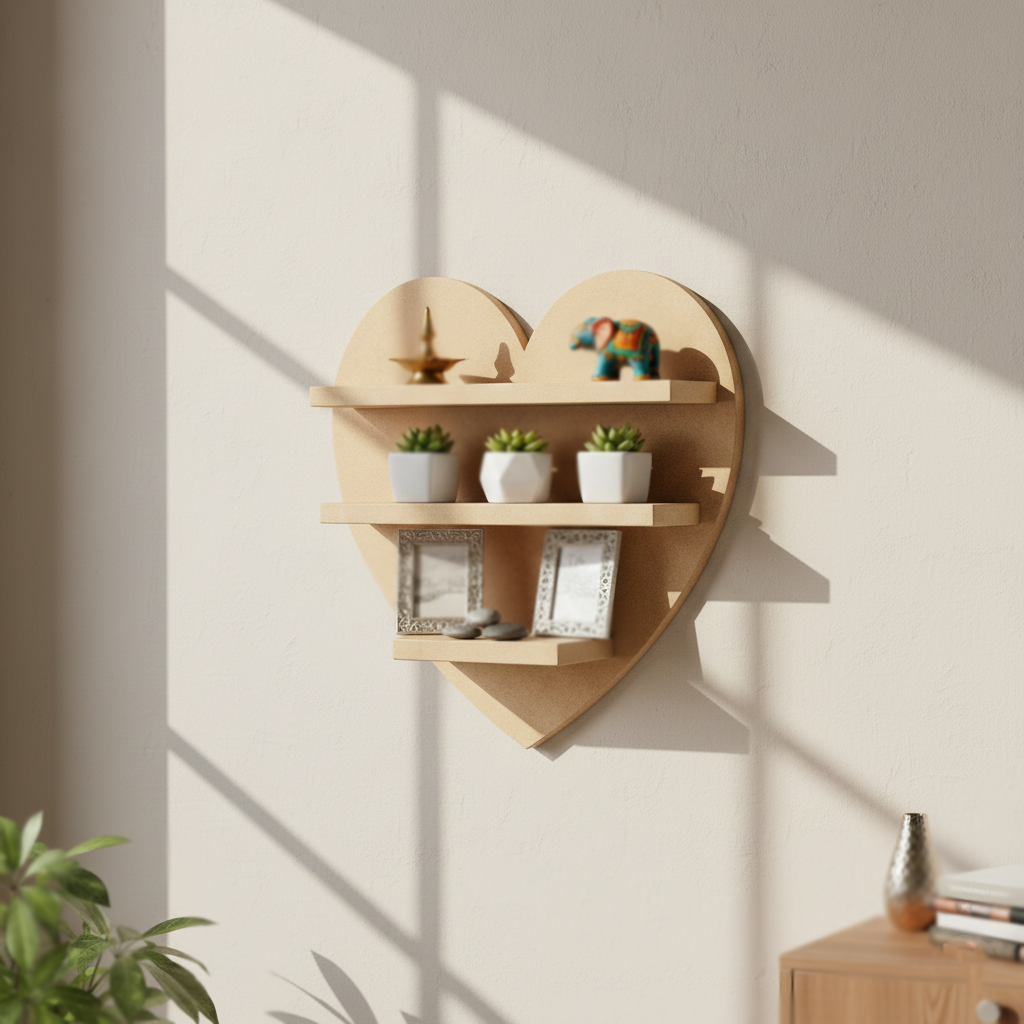 MDF heart wall shelf DIY craft display storage shelf for painting and home decor projects, mounted on wall