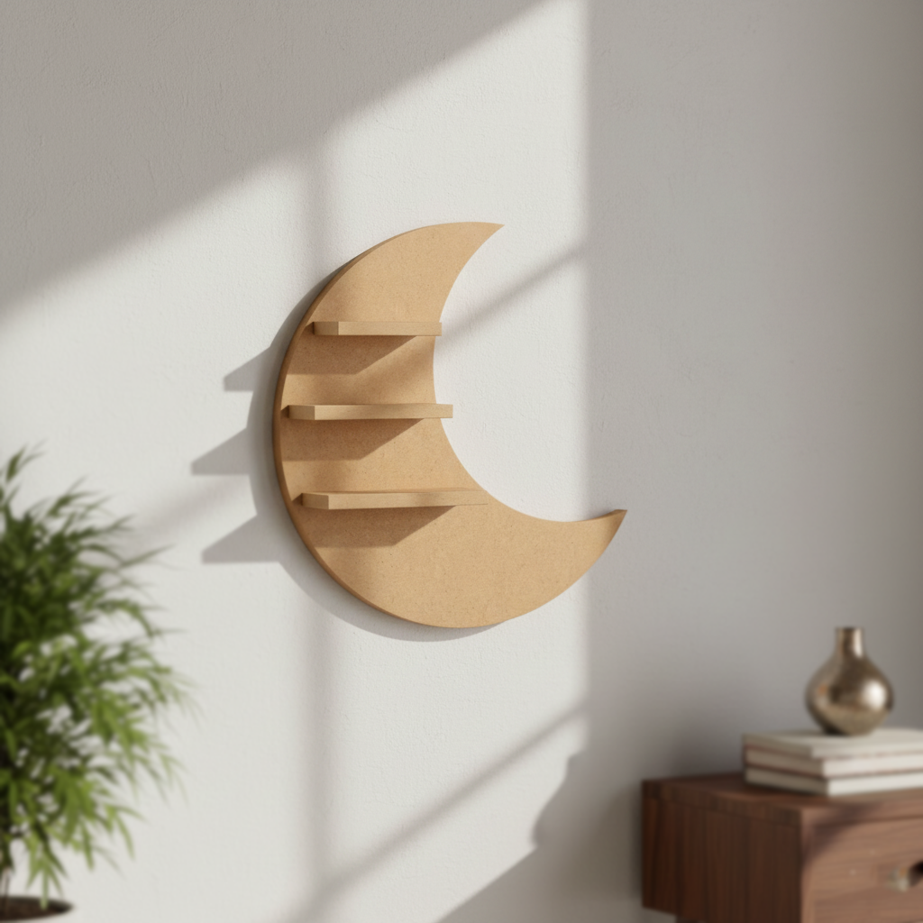 MDF moon wall shelf DIY craft display storage shelf for painting and home decor projects, mounted on wall