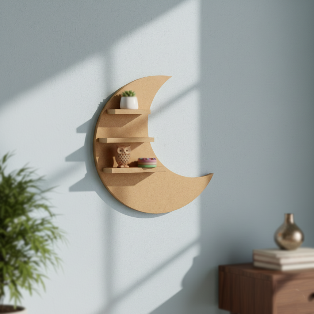 MDF moon wall shelf DIY craft display storage shelf for painting and home decor projects, mounted on wall